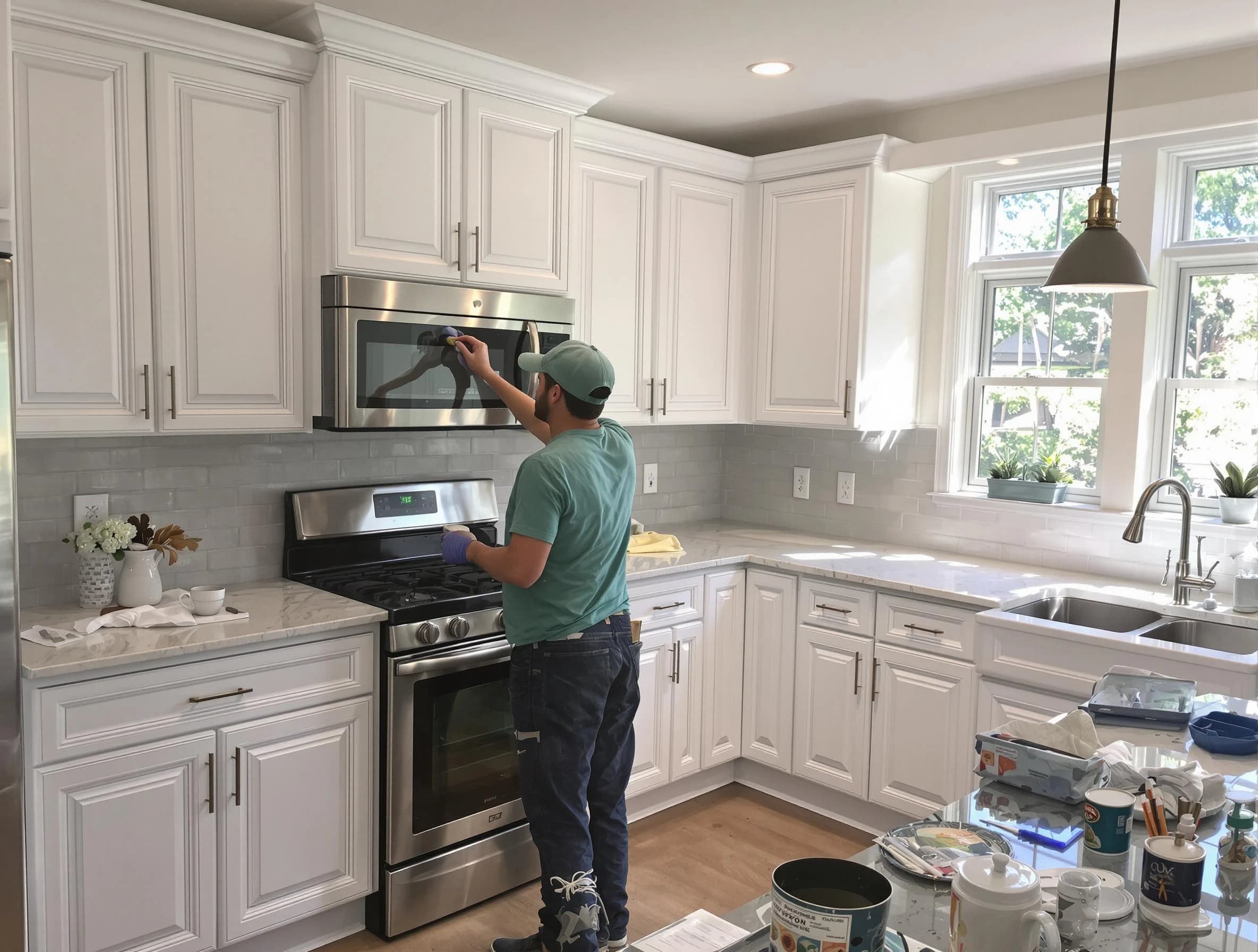 Kitchen cabinets being refinished by Avondale House Painters in Avondale, AZ